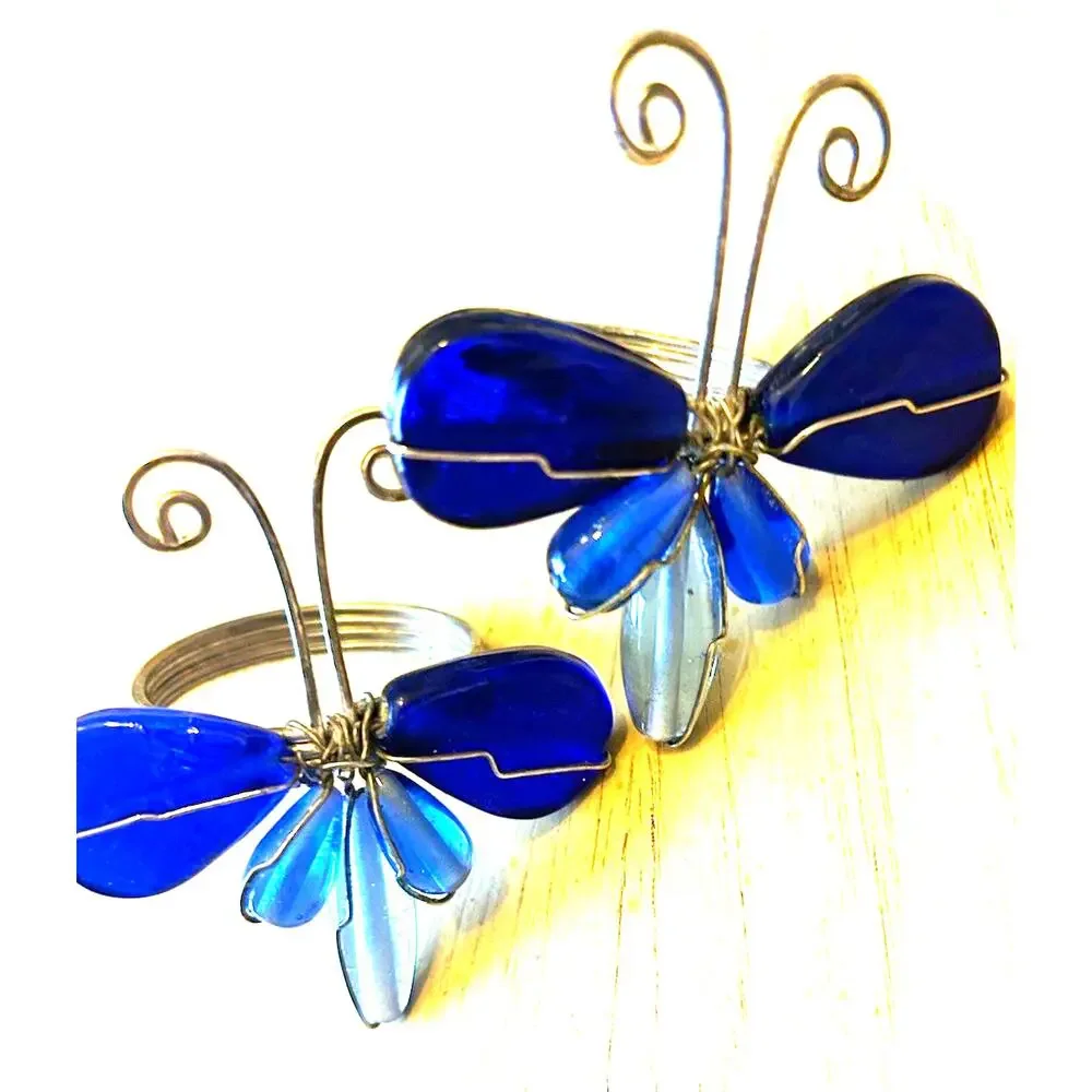 2 Vintage Butterfly Napkin Rings Blue Glass Gems Dragonfly Artsy Boho Pier 1?